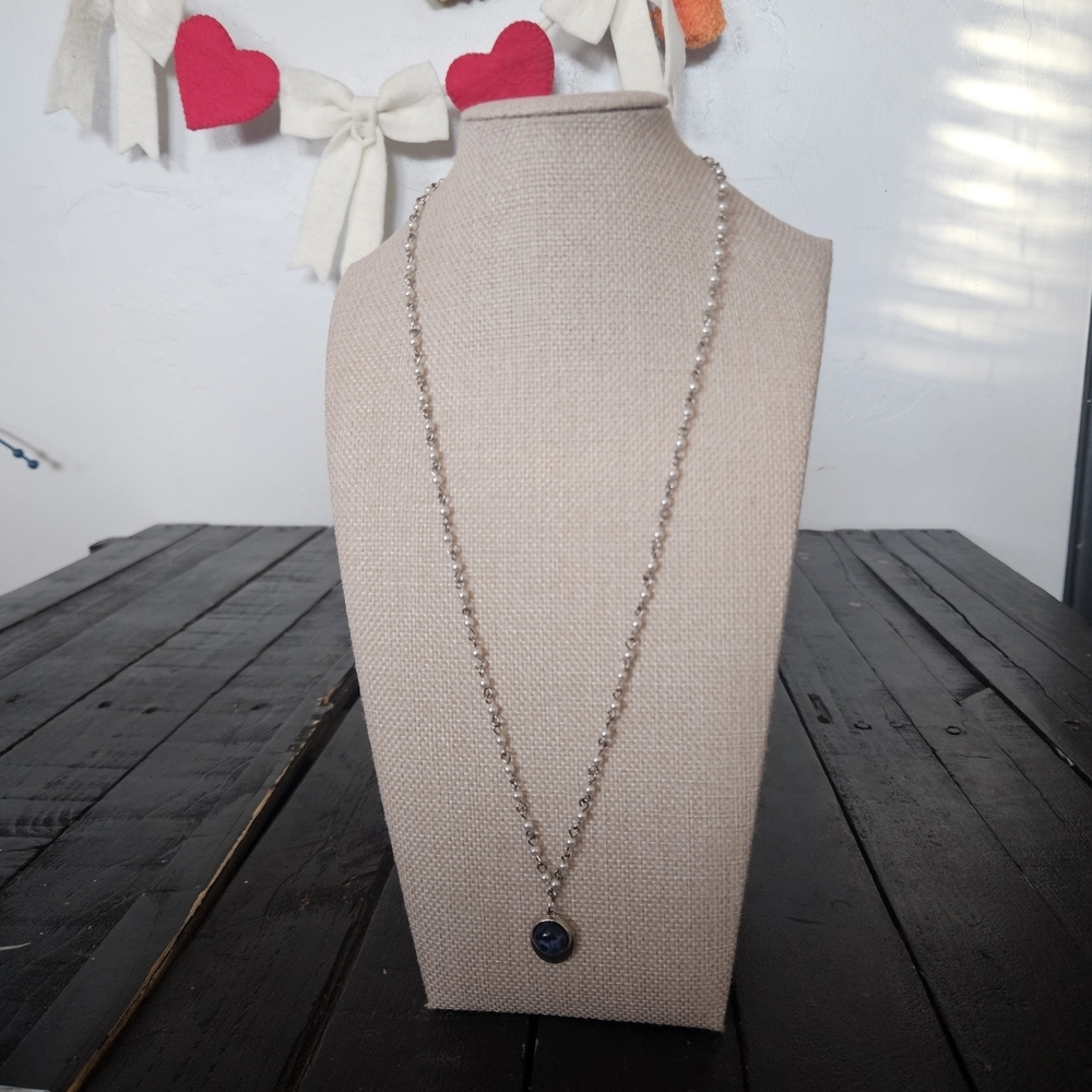 American Eagle Silver Necklace Faux Pearl Beading and Blue Pendant Dainty Girly